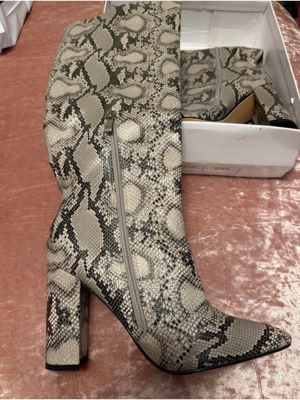 Snake-Print High Heel Knee Boot - Gray